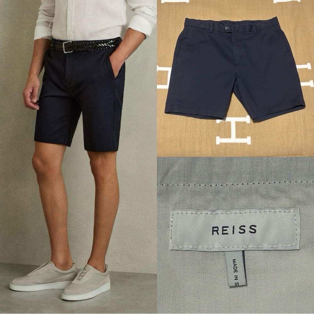 $125 Reiss Wicket Cotton Stretch Shorts Navy Blue - Size 34